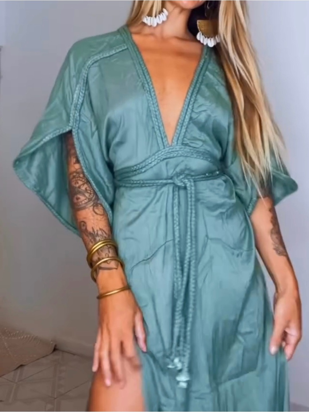 Women’s Sage Green Satin Dress with Tie Around Belt